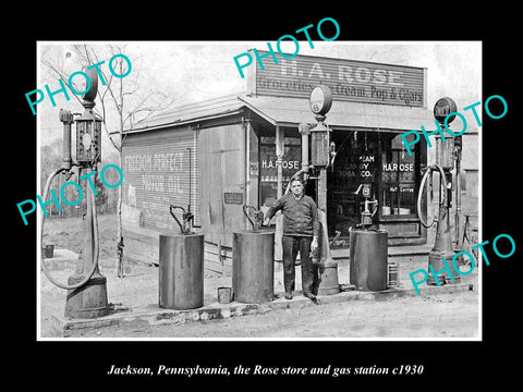 OLD LARGE HISTORIC PHOTO JACKSON PENNSYLVANIA, THE ROSE GAS STATION & STORE 1930