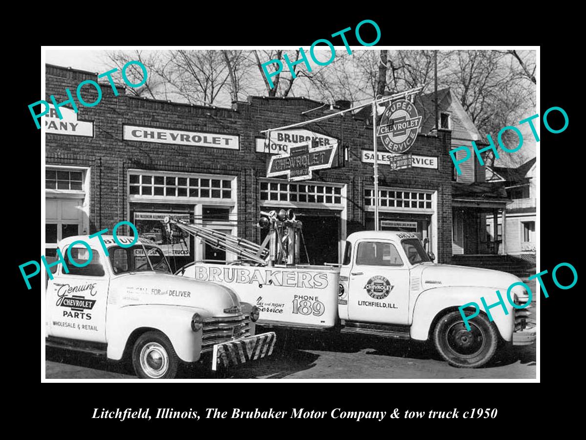 OLD LARGE HISTORIC PHOTO LITCHFIELD ILLINOIS, THE BRUBAKER CHEVROLET GARAGE 1950