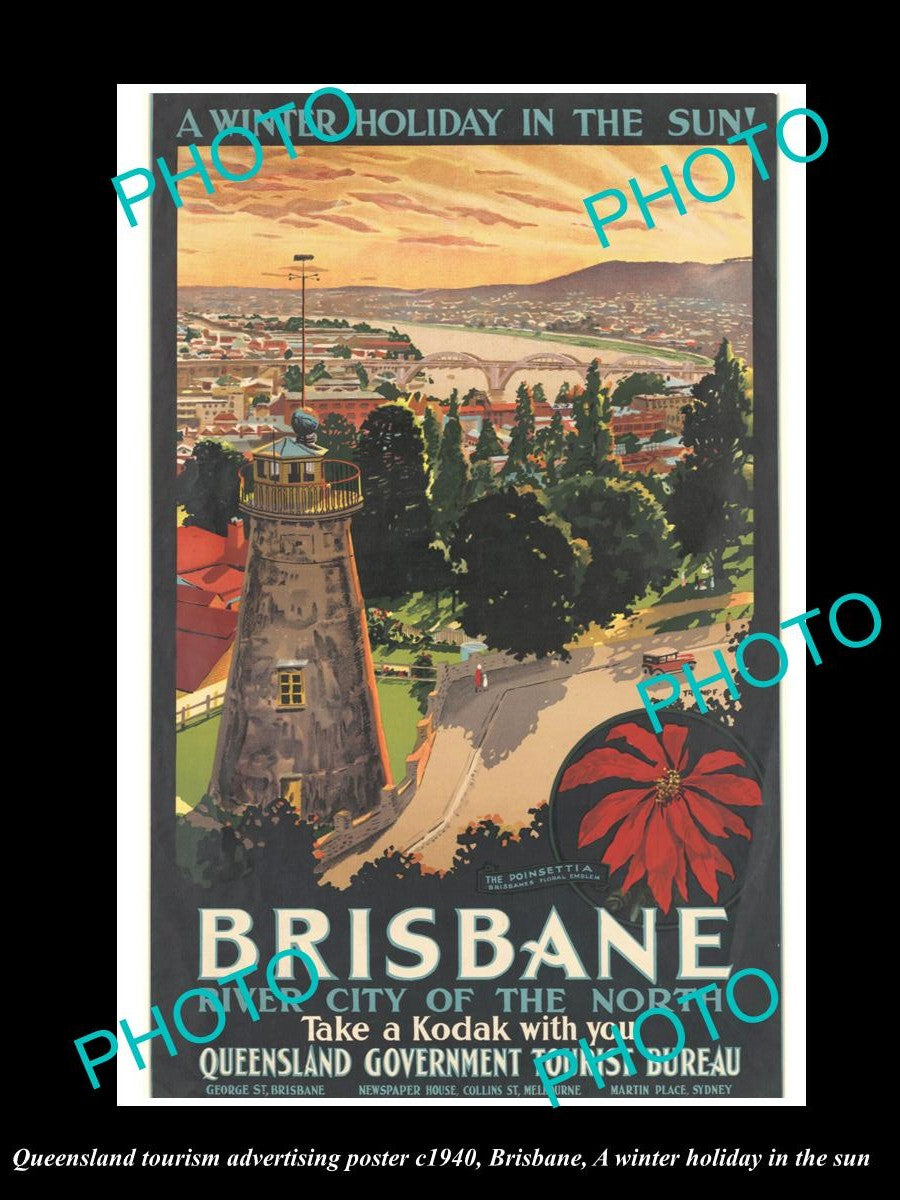 OLD LARGE HISTORIC PHOTO OF QUEENSLAND TOURISM KODAK POSTER, VISIT BRISBANE 1940