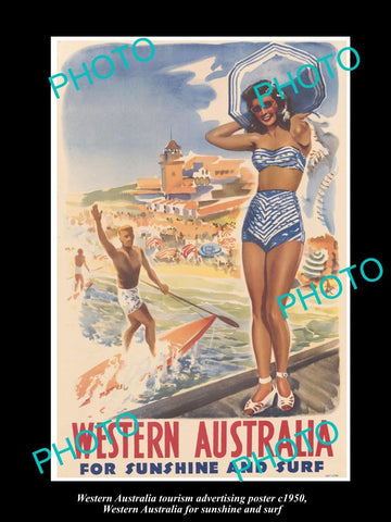 OLD LARGE HISTORIC PHOTO OF WEST AUSTRALIA TOURISM AD POSTER, SUN & SURF c1950