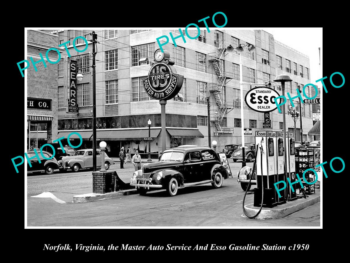 OLD LARGE HISTORIC PHOTO NORFOLK VIRGINIA, THE MASTERS ESSO GAS STATION c1950