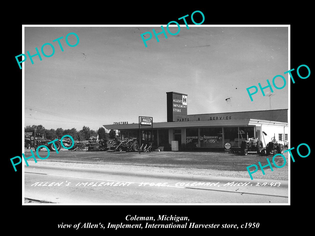 OLD LARGE HISTORIC PHOTO OF COLEMAN MICHIGAN, INTERNATIONAL HARVESTER STORE 1950