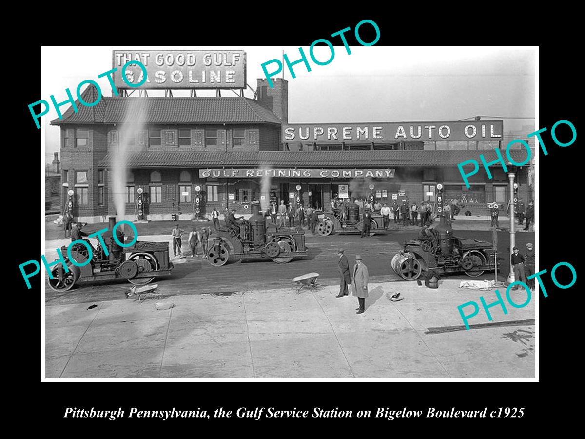 OLD LARGE HISTORIC PHOTO PITTSBURGH PENNSYLVANIA, THE GULF OIL GAS STATION c1925