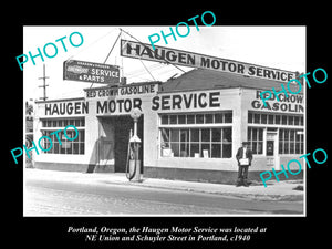 OLD LARGE HISTORIC PHOTO PORTLAND OREGON, THE HAUGEN RED CROWN MOTOR GARAGE 1940