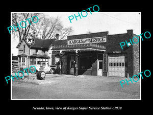 OLD LARGE HISTORIC PHOTO OF NEVADA IOWA, THE KARGES GILMORE OIL GAS STATION1930