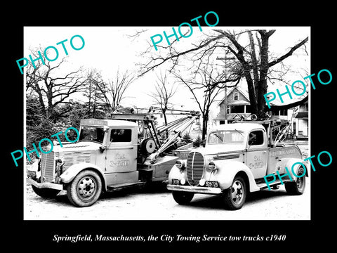 OLD LARGE HISTORIC PHOTO OF SPRINGFIELD MASSACHUSETTS, THE CITY TOW TRUCKS c1940