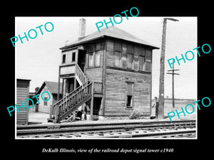 OLD LARGE HISTORIC PHOTO OF DeKALB ILLINOIS, RAILROAD DEPOT SIGNAL TOWER c1940