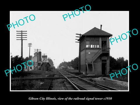 OLD LARGE HISTORIC PHOTO OF GIBSON CITY ILLINOIS, THE RAILROAD SIGNAL TOWER 1930