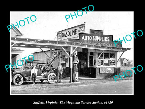 OLD LARGE HISTORIC PHOTO OF SUFFOLK VIRGINIA, THE MAGNOLIA GAS STATION c1920