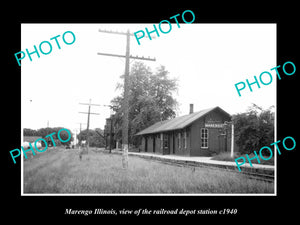 OLD LARGE HISTORIC PHOTO OF MARENGO ILLINOIS, THE RAILROAD DEPOT STATION c1940