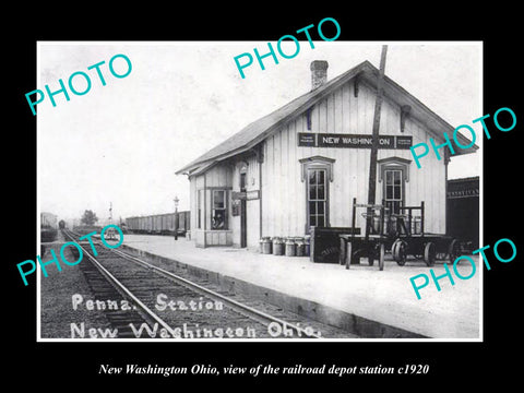 OLD LARGE HISTORIC PHOTO OF NEW WASHINGTON OHIO, THE RAILROAD DEPOT STATION 1920