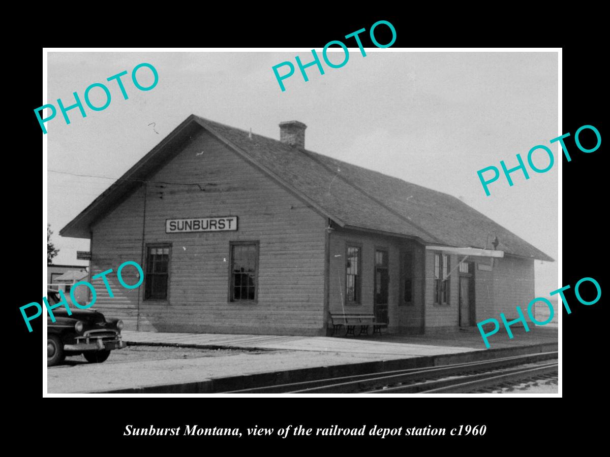 OLD LARGE HISTORIC PHOTO OF SUNBURST MONTANA, THE RAILROAD DEPOT STATION c1960