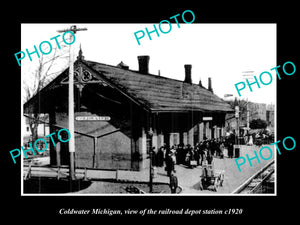 OLD LARGE HISTORIC PHOTO OF COLDWATER MICHIGAN, THE RAILROAD DEPOT STATION c1920