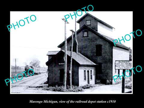 OLD LARGE HISTORIC PHOTO OF MARENGO MICHIGAN, THE RAILROAD DEPOT STATION c1910