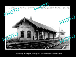 OLD LARGE HISTORIC PHOTO OF SCHOOLCRAFT MICHIGAN RAILROAD DEPOT STATION c1910