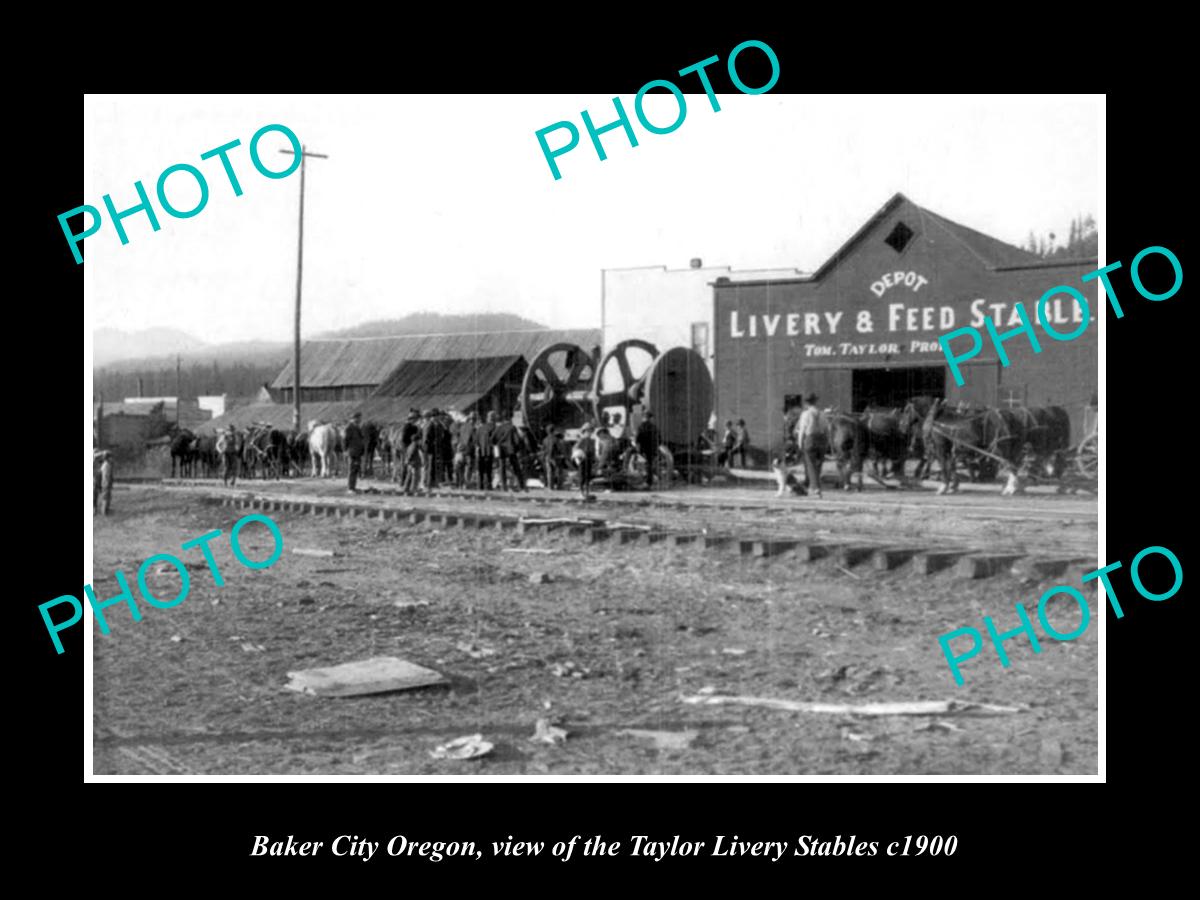 OLD LARGE HISTORIC PHOTO OF BAKER CITY OREGON, THE TAYLOR HORSE STABLES c1900