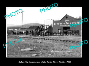 OLD LARGE HISTORIC PHOTO OF BAKER CITY OREGON, THE TAYLOR HORSE STABLES c1900