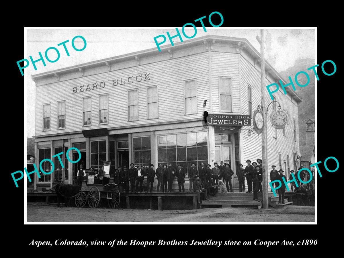 OLD LARGE HISTORIC PHOTO OF ASPEN COLORADO, VIEW OF THE JEWELLERY STORE c1890