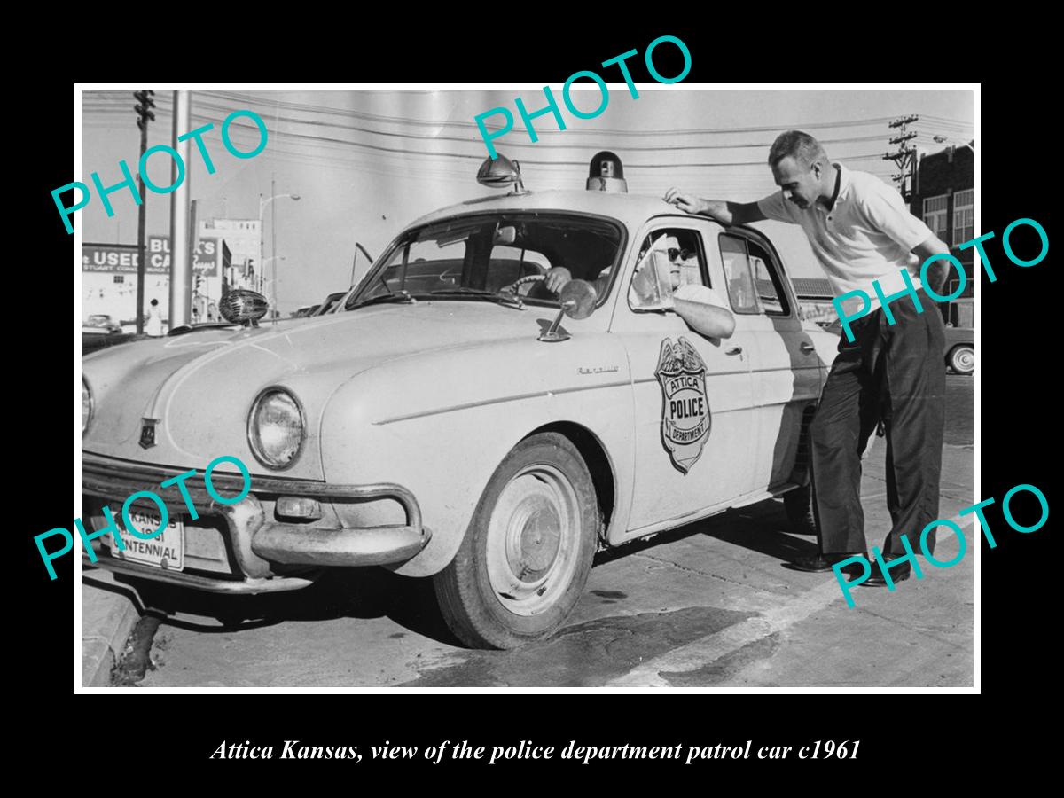 OLD LARGE HISTORIC PHOTO OF ATTICA KANSAS, THE POLICE PATROL CAR c1961