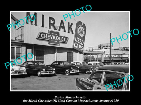 OLD LARGE HISTORIC PHOTO OF BOSTON MASSACHUSETTS, MIRAK CHEVROLET CAR YARD c1950