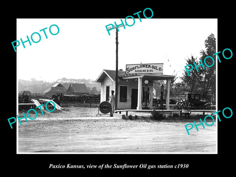 OLD LARGE HISTORIC PHOTO OF PAXICO KANSAS, THE SUNFLOWER OIL GAS STATION c1930