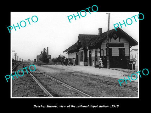 OLD LARGE HISTORIC PHOTO OF BEECHER ILLINOIS, THE RAILROAD DEPOT STATION c1920