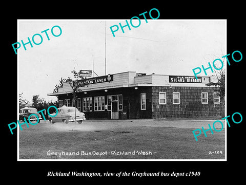 OLD LARGE HISTORIC PHOTO OF RICHLAND WASHINGTON, THE GREYHOUND BUS DEPOT c1940