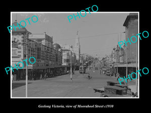 OLD LARGE HISTORIC PHOTO OF GEELONG VICTORIA, VIEW OF MOORABOOL St & SHOPS c1930