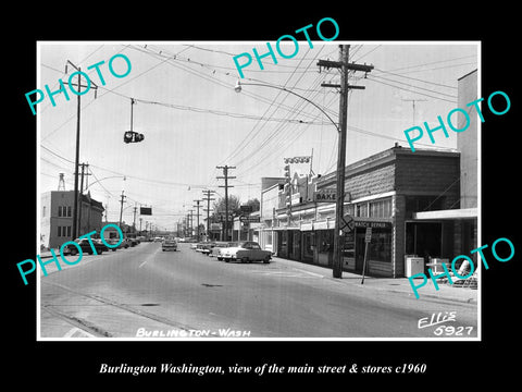 OLD LARGE HISTORIC PHOTO OF BURLINGTON WASHINGTON, THE MAIN St & STORES c1960