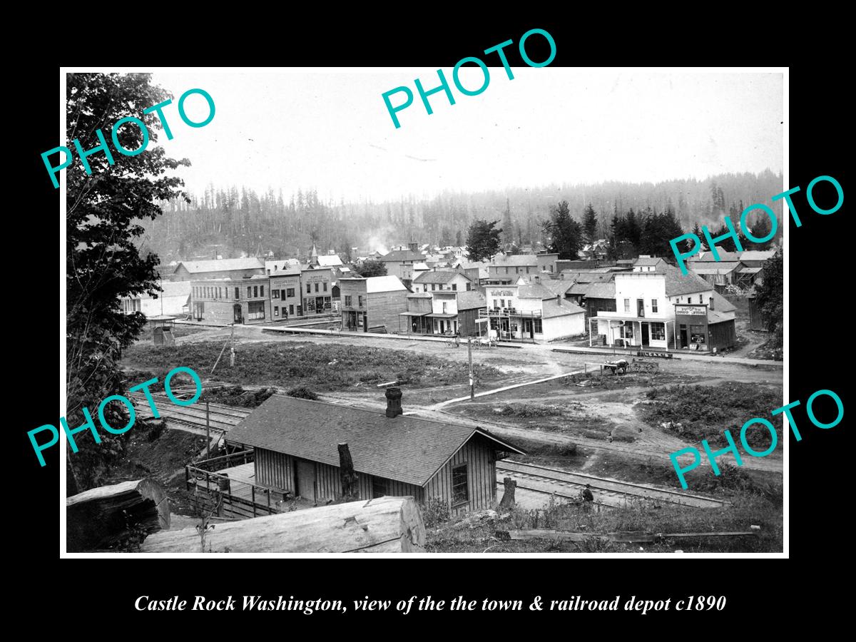 OLD LARGE HISTORIC PHOTO OF CASTLE ROCK WASHINGTON, THE RAILROAD & TOWN c1890