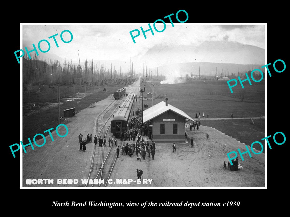 OLD LARGE HISTORIC PHOTO OF NORTH BEND WASHINGTON, THE RAILROAD DEPOT c1920