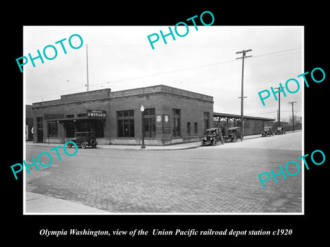 OLD LARGE HISTORIC PHOTO OF OLYMPIA WASHINGTON, THE UP RAILROAD DEPOT c1920