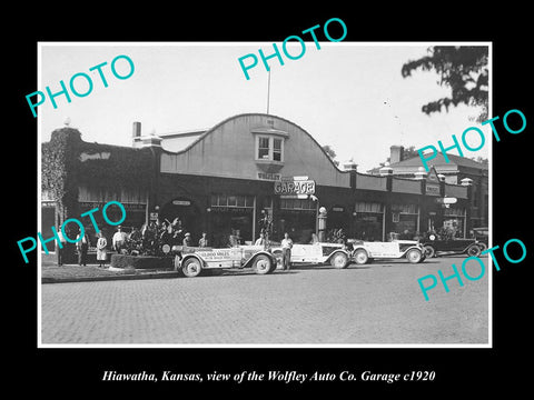 OLD LARGE HISTORIC PHOTO OF HIAWATHA KANSAS, THE WOLFLEY MOTOR GARAGE c1920