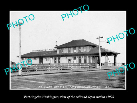 OLD LARGE HISTORIC PHOTO OF PORT ANGELES WASHINGTON, THE RAILROAD DEPOT c1920