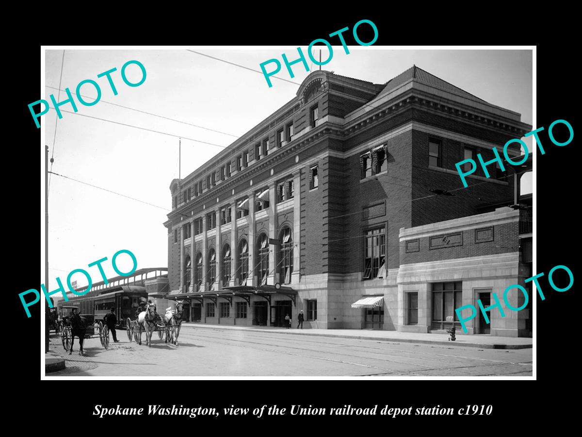 OLD LARGE HISTORIC PHOTO OF SPOKANE WASHINGTON, THE UNION RAILROAD DEPOT c1910