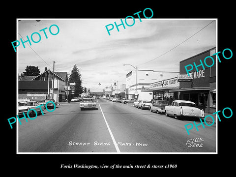 OLD LARGE HISTORIC PHOTO OF FORKS WASHINGTON, THE MAIN STREET & STORES c1960