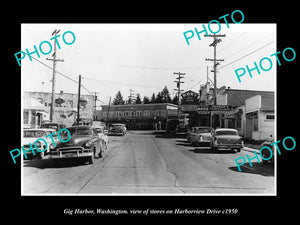 OLD LARGE HISTORIC PHOTO OF GIG HARBOR WASHINGTON, HARBORVIEW Drv & STORES c1950