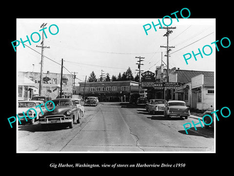 OLD LARGE HISTORIC PHOTO OF GIG HARBOR WASHINGTON, HARBORVIEW Drv & STORES c1950