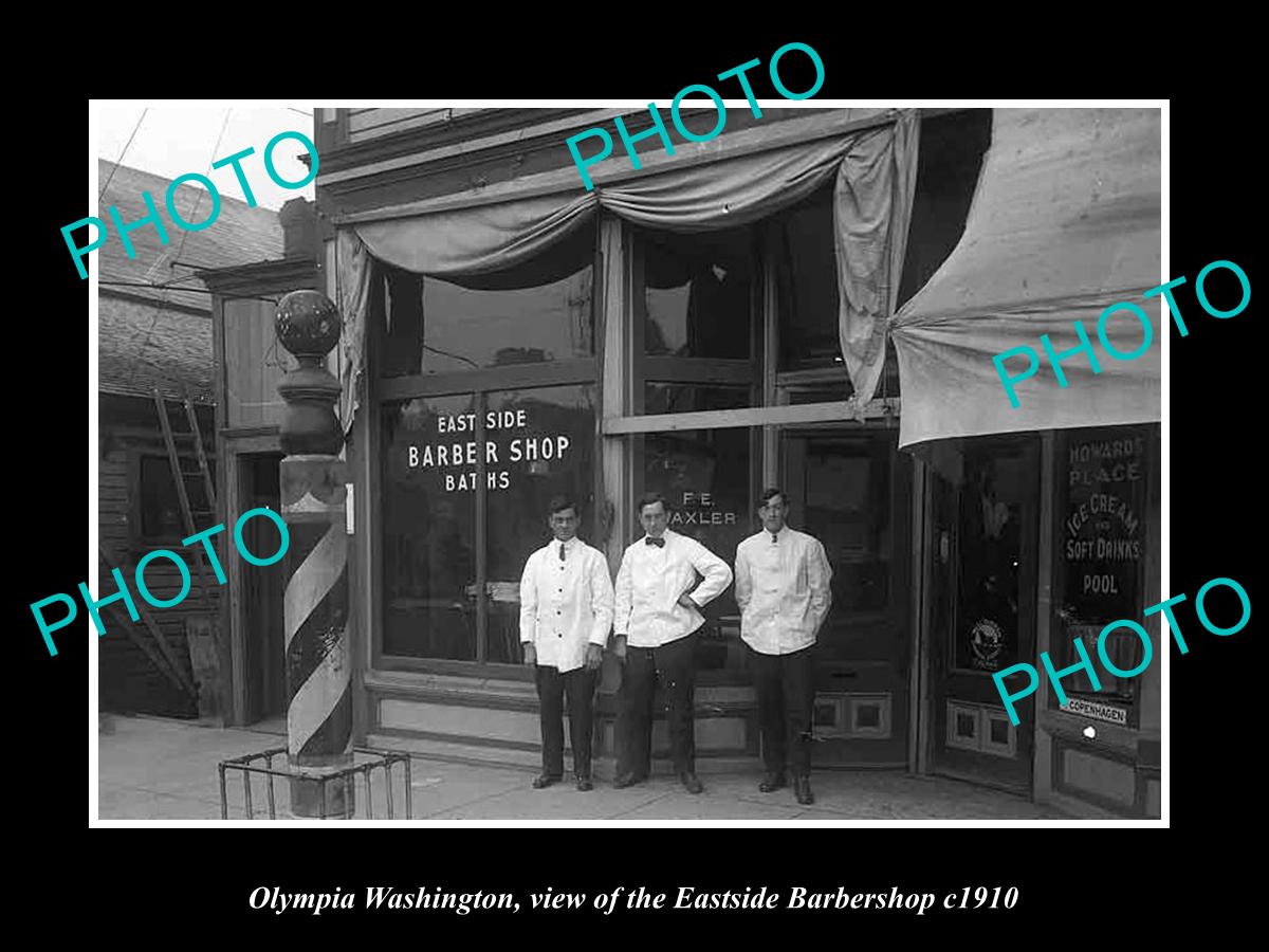 OLD LARGE HISTORIC PHOTO OF OLYMPIA WASHINGTON, THE EASTSIDE BARBER SHOP c1910