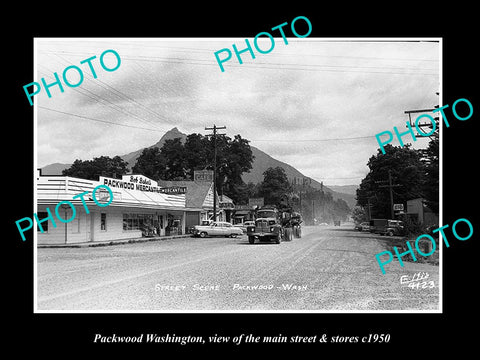 OLD LARGE HISTORIC PHOTO OF PACKWOOD WASHINGTON, THE MAIN STREET & STORES c1950