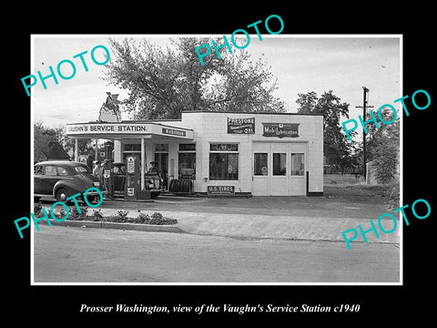 OLD LARGE HISTORIC PHOTO OF PROSSER WASHINGTON, THE VAUGHN GAS STATION c1940