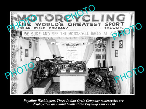 OLD LARGE HISTORIC PHOTO OF PUYALLUP WASHINGTON, INDIAN MOTORCYCLE DISPLAY c1930