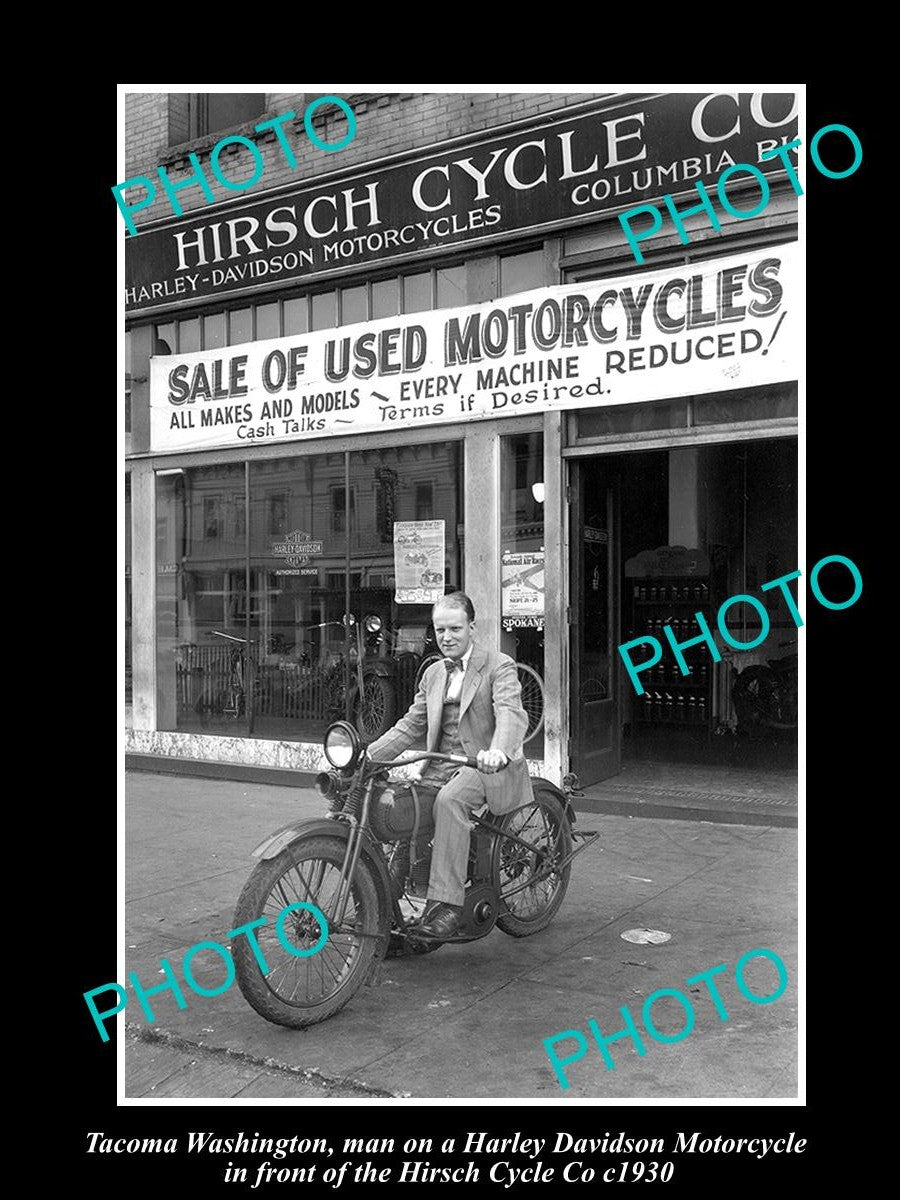 OLD LARGE HISTORIC PHOTO OF TACOMA WASHINGTON, THE HARLEY DAVIDSON STORE c1930