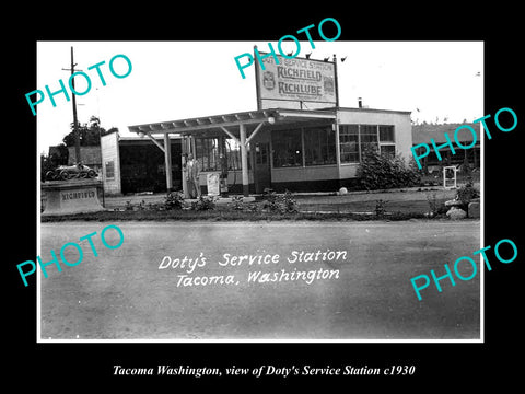 OLD LARGE HISTORIC PHOTO OF TACOMA WASHINGTON, THE DOTYS SERVICE STATION c1930