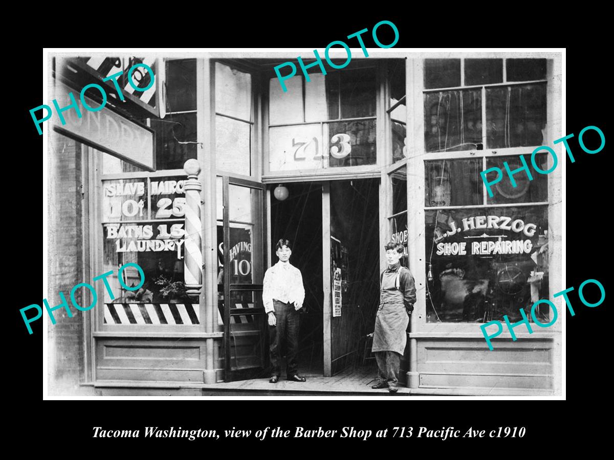 OLD LARGE HISTORIC PHOTO OF TACOMA WASHINGTON, VIEW OF THE BARBER SHOP c1910