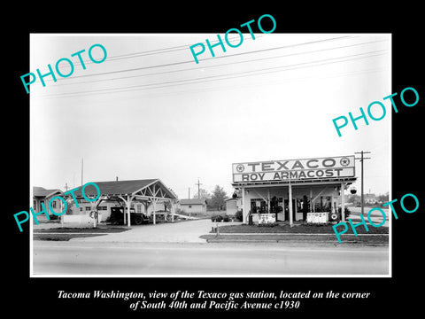 OLD LARGE HISTORIC PHOTO OF TACOMA WASHINGTON, THE TEXACO GAS STATION c1930