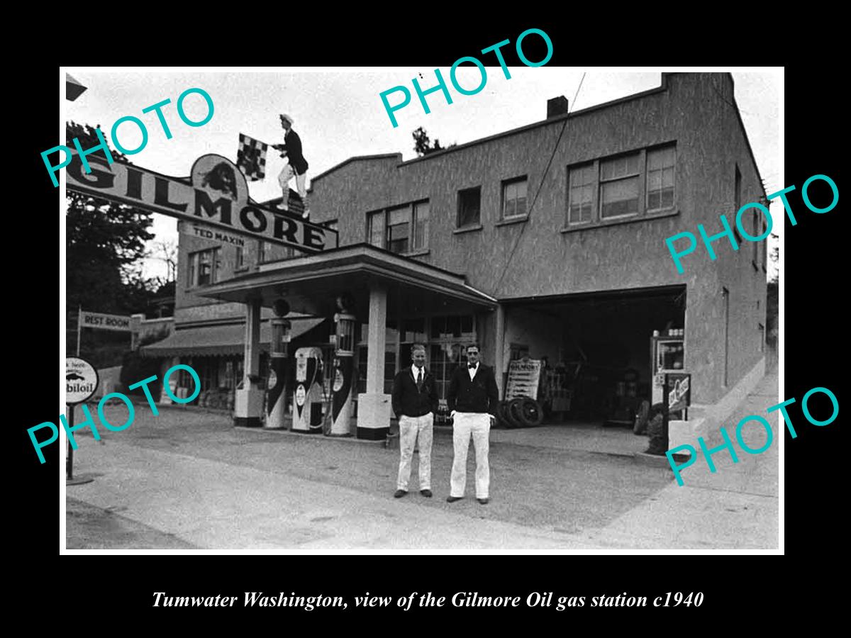 OLD LARGE HISTORIC PHOTO OF TUMWATER WASHINGTON, THE GILMORE GAS STATION c1940