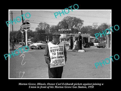 OLD HISTORIC PHOTO OF MORTON GROVE ILLINOIS, UNION PICKET ON GAS STATION c1958