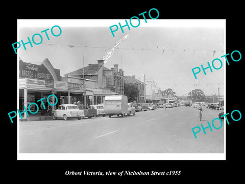 OLD LARGE HISTORIC PHOTO OF ORBOST VICTORIA, VIEW OF NICHOLSON St & SHOPS c1955