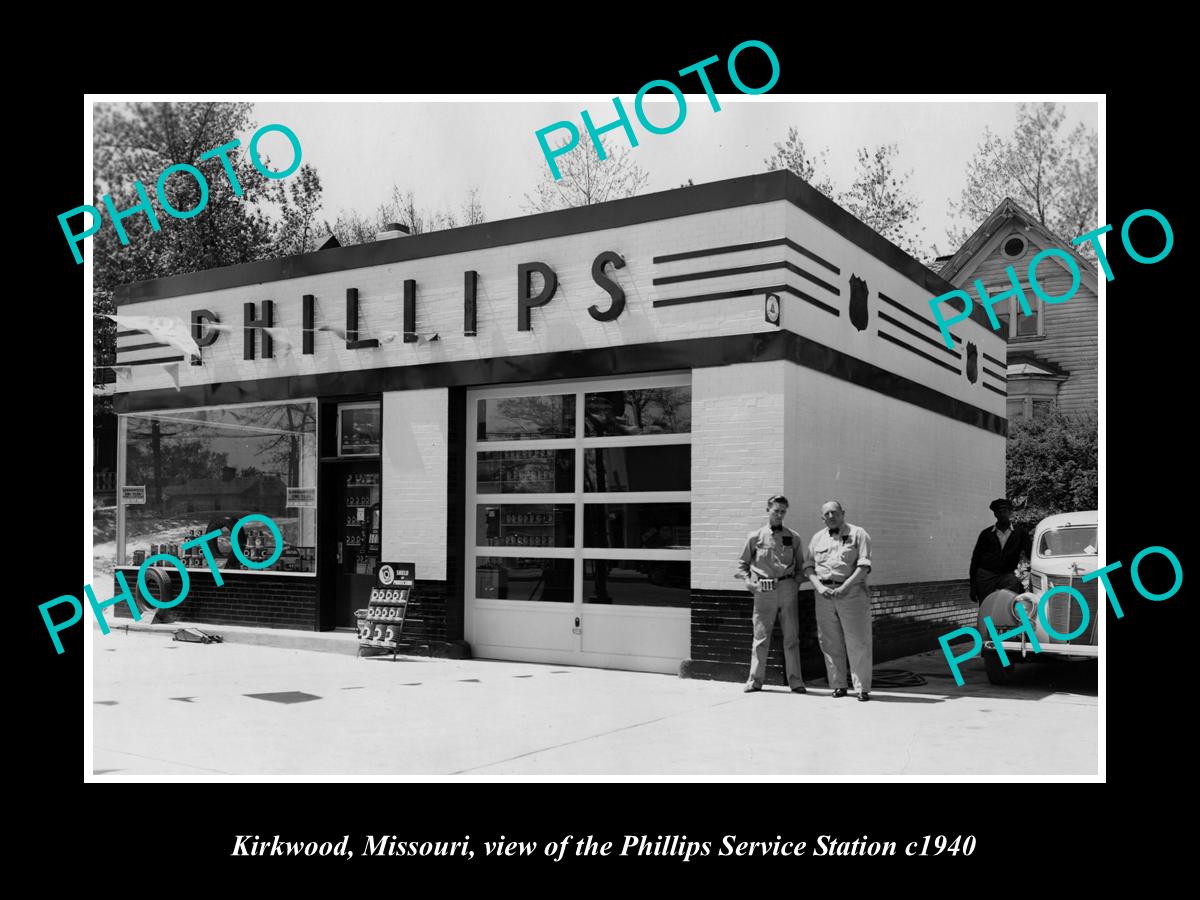 OLD LARGE HISTORIC PHOTO OF KIRKWOOD MISSOURI, THE PHILLIPS SERVICE STATION 1940